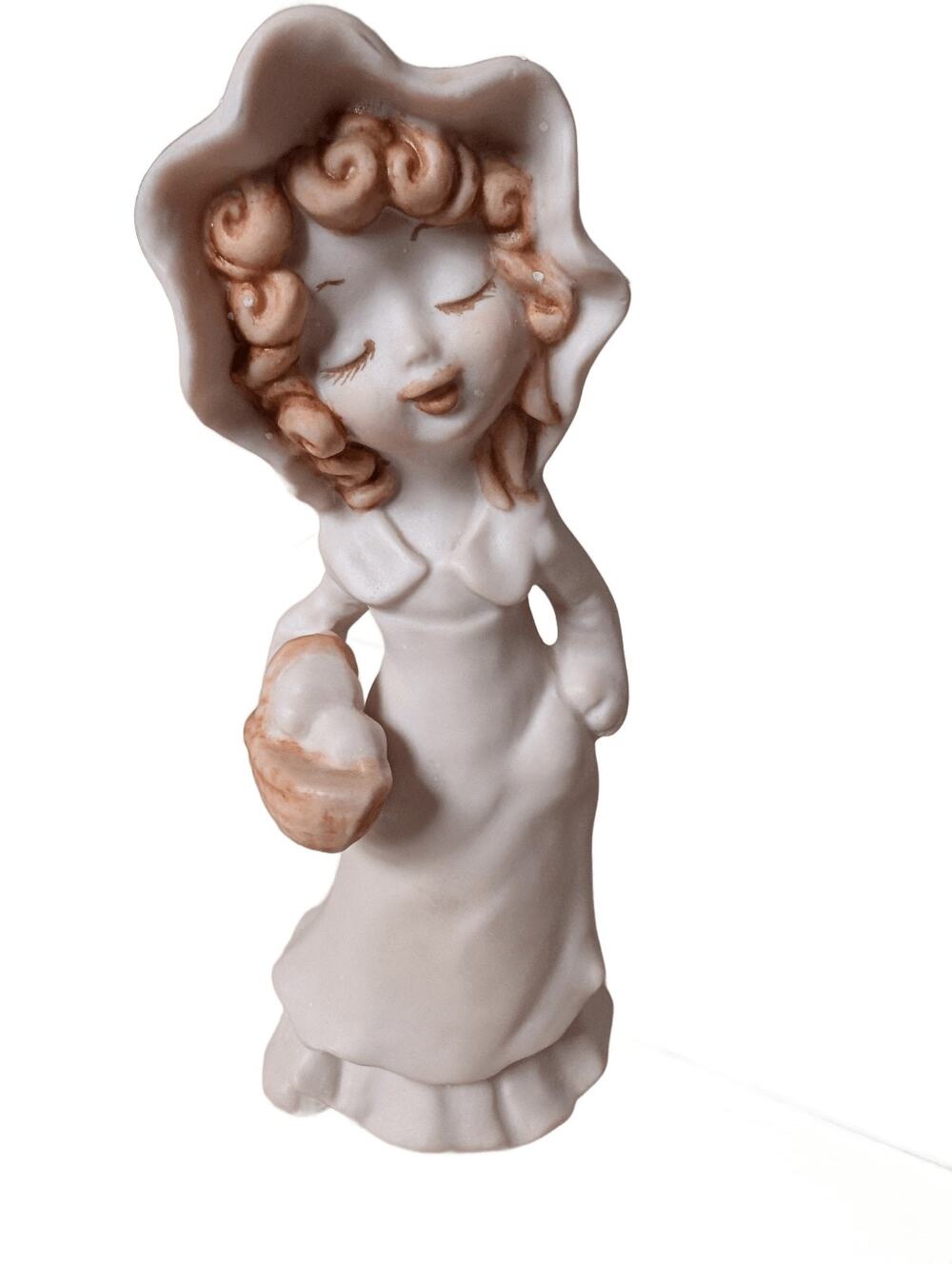 Vintage Bisque Ceramic Girl Figurine Big Bonnet Curly Hair Basket